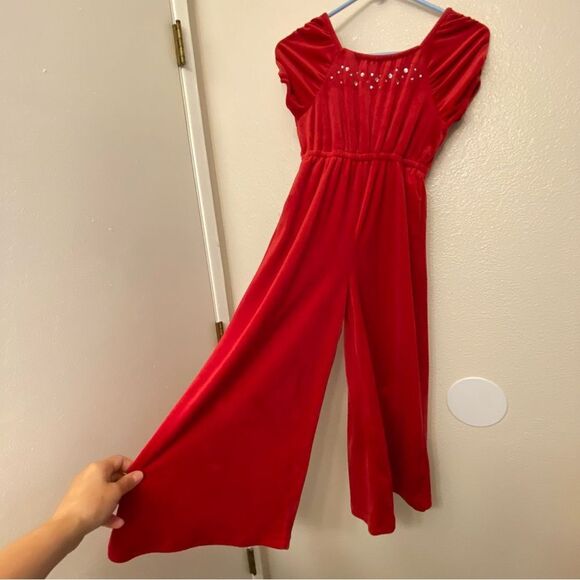 Soft red stretch velvet rhinestone winter fall Christmas Jumpsuit wide leg 10-12 - Picture 4 of 13